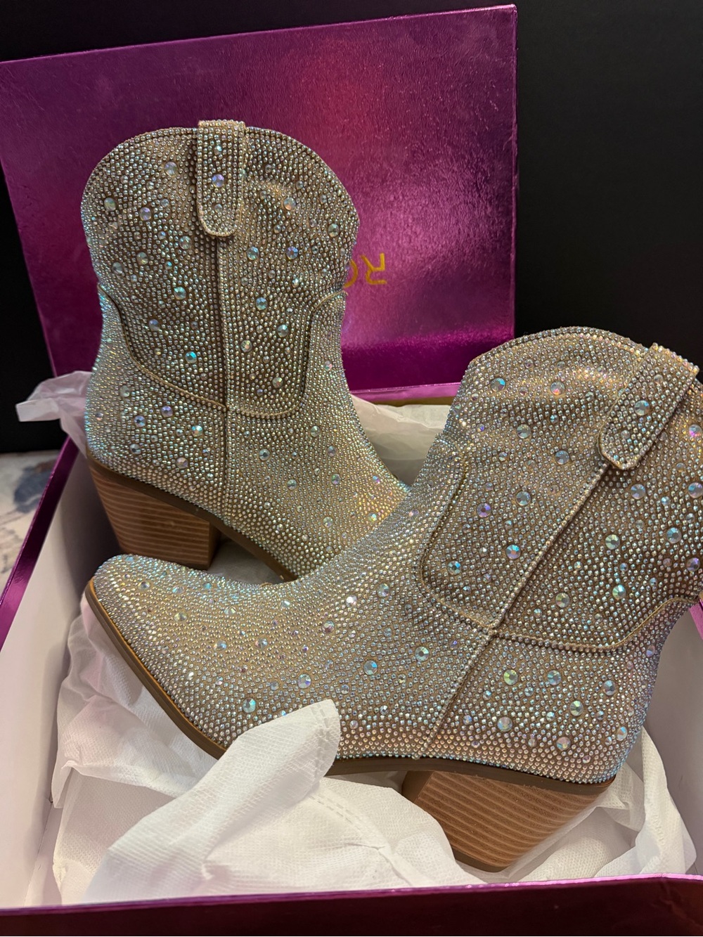 Women's Rhinestone Western Ankle Boots - Champagne